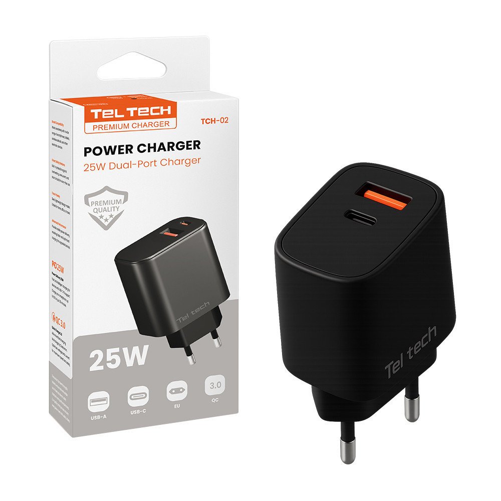 Teltech ładowarka sieciowa USB / Typ-C 25W QC PD czarny TCH-02