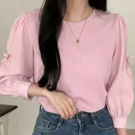 Koszule damskie - TEMU Bluzka damskie z okrągłym dekoltem i detalami w szpic, 100% poliestrowy materiał z dzianiny, jednokolorowa, rękawy trzy czwarte długości, - miniaturka - grafika 1