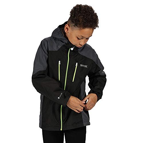 Regatta Unisex dzieci junior kalderdale' siatka z podszewką wodoodporna oddychająca kurtka z kapturem kurtki wodoodporne muszelki Czarny/szary uszczelniający 5XL