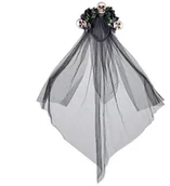 Stroje karnawałowe - Welon Czarny Z Czaszkami I Różami Halloween - miniaturka - grafika 1