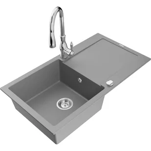 Mexen Leo zlewozmywak granitowy 1-komorowy z ociekaczem i baterią kuchenną Savita, szary - Zlewozmywaki z baterią - miniaturka - grafika 1