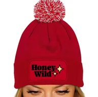 Czapki damskie - CZAPKA POMPON Bawełniana ZIMOWA Czerwona HONEY WILD Modne Subtelne Wzory - miniaturka - grafika 1