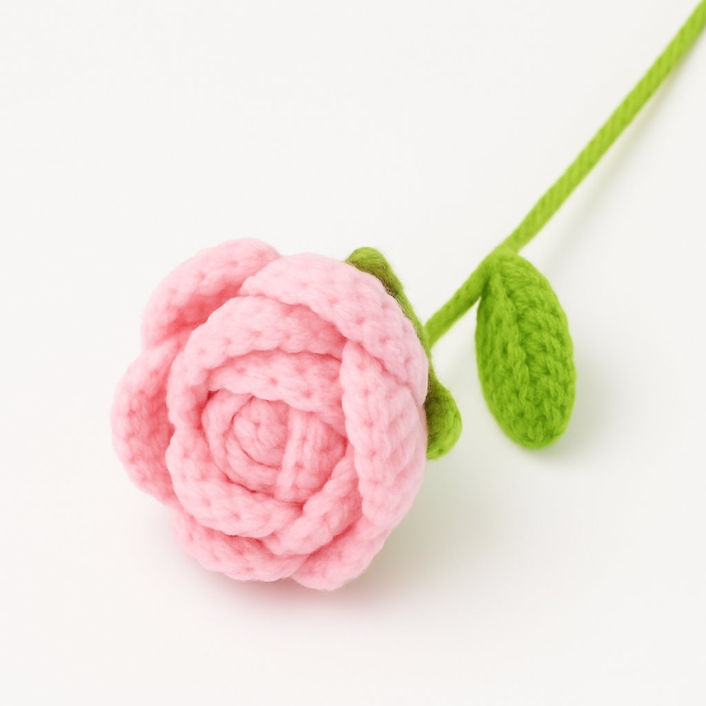 Róża różowa szydełkowa z włóczki Długa 40cm na szydełku dekoracja prezent