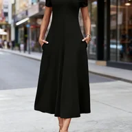 Sukienki - TEMU Elegancka damska sukienka midi Dekolt w kształcie litery V, półrękaw Silueta w kształcie litery A z kieszeniami Jednokolorowa, czarna - miniaturka - grafika 1