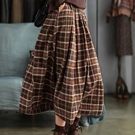 Spódnice - TEMU Spódnica Midi w Kratę A-Line - Brązowa/Beżowa/Biała/Czarna w Kratę Tartan z Podszewką, Strukturalna - Wolna , Pranie w Praniu Maszynowym na - miniaturka - grafika 1