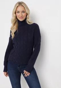 Granatowy Sweter z Golfem w Warkoczowy Splot ze Ściągaczami Maraiwai - Swetry damskie - miniaturka - grafika 1