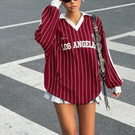 Bluzki damskie - TEMU Koszulka Damska Y2K Retro Oversize z Długim Rękawem - Czerwono-Biała Paskowana z Nadrukiem Los Angeles, Oddychająca Okrągła Szyja, Casual Top na - miniaturka - grafika 1