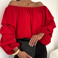 Koszule damskie - TEMU Walentynkowa Elegancka Bluzka z Odkrytymi Ramionami i Plecami, Długi Rękaw, Modna Uliczna Stylizacja, Jednokolorowa Bluzka Damska z Bufiastymi - miniaturka - grafika 1