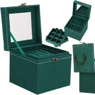 Pudełka i szkatułki - Szkatułka Na Biżuterię 12X12X12 Cm Zielony Kuferek Z Przegródkami I Lusterkiem Welurowy - miniaturka - grafika 1