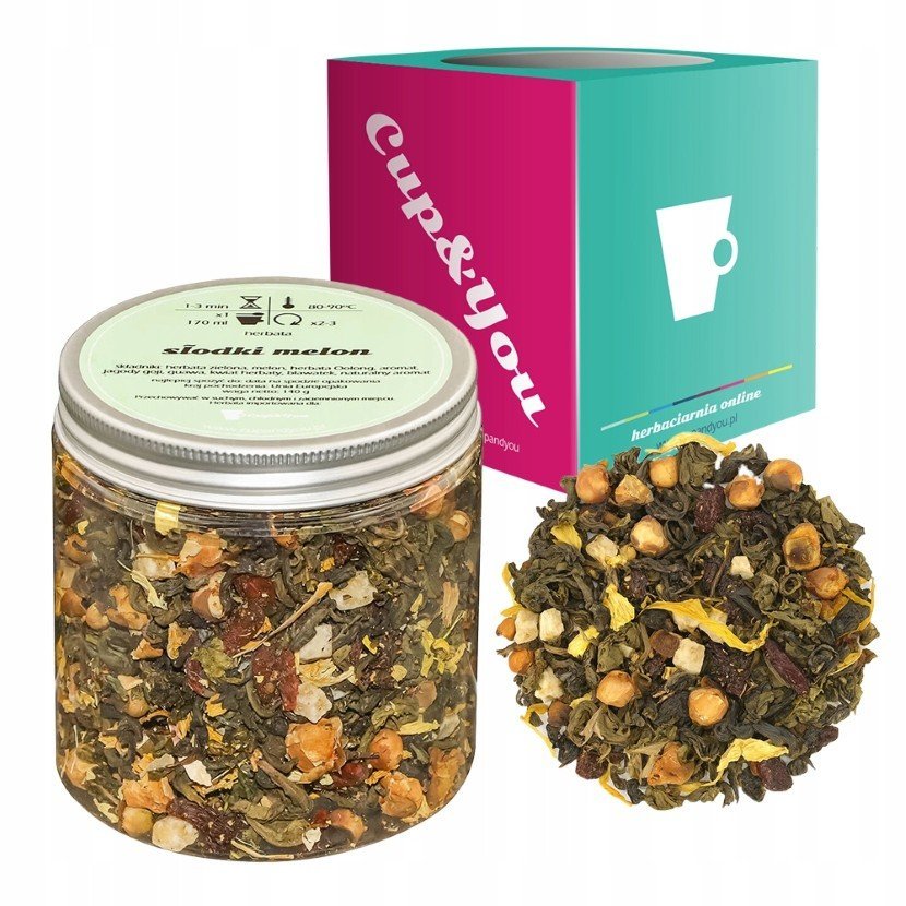Zielona herbata SŁODKI MELON melon bławatek jagody goji kwiat herbaty 140g - sypana liściasta herbata PREMIUM na prezent upominek podarunek Cup&You