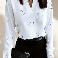 Koszule damskie - TEMU Damska Elegancka Koszula z Nadrukiem Miłości, Długi Rękaw i Dekolt w Serek, Bez Guzików, Lekki Materiał, Odpowiednia na Codzienny Wyjazd Latem, - miniaturka - grafika 1