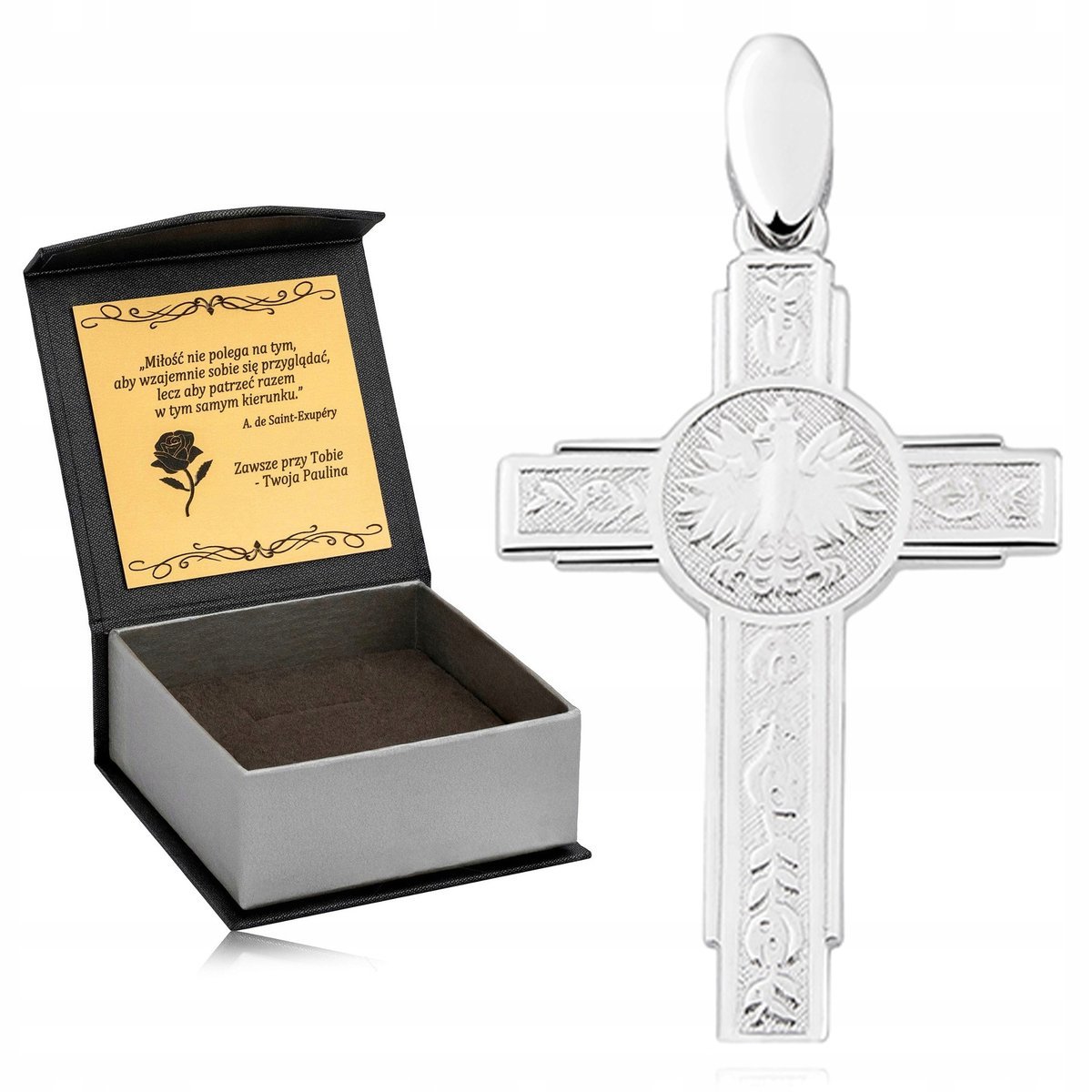 SREBRNY PATRIOTYCZNY KRZYŻYK 925 RODOWANY KRZYŻ Z ORŁEM +GRAWER DLA CHŁOPCA