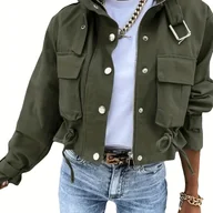 Kurtki damskie - TEMU Wiosenno-Jesienna Damska Kurtka Robocza z Wieloma Kieszeniami, Stójka, Sznurek w Pasie - Wszechstronny Płaszcz na Różne Okazje - miniaturka - grafika 1