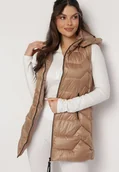 Kamizelki damskie - Ciemnobeżowa Kamizelka z Odpinanym Kapturem Pikowana z Kieszeniami Quillasa - miniaturka - grafika 1
