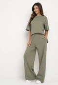 Komplety damskie - Ciemnozielony Bawełniany Komplet Bluzka z Rozcięciami po Bokach Szerokie Spodnie z Gumką w Pasie Undrea - miniaturka - grafika 1