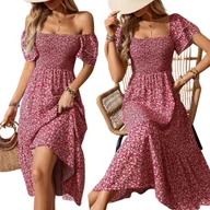 Sukienki - LETNIA SUKIENKA DAMSKA W KWIATY MIDI ZWIEWNA LUŹNA CZERWONA DŁUGA NA LATO - miniaturka - grafika 1