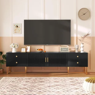 Fortuna Lai szafka niska pod telewizor 70-79 cali, niski panel z teksturowanymi drzwiczkami, szafka pod telewizor z płyty MDF, 2 szafki i 4 szuflady, nowoczesna szafka pod telewizor, 175 x 30 x 46 cm, czarna - Szafki RTV - miniaturka - grafika 1