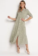 Sukienki - Zielona Koszulowa Sukienka Bawełniana Maxi w Kropki o Rozkloszowanym Kroju Lirtia - miniaturka - grafika 1