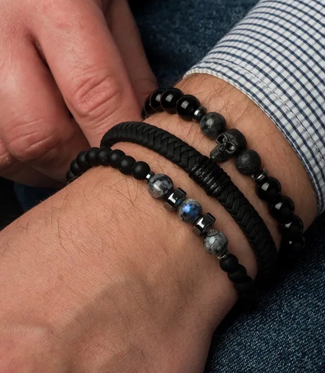 Zestaw bransoletek męskich kamień naturalny z czaszką
