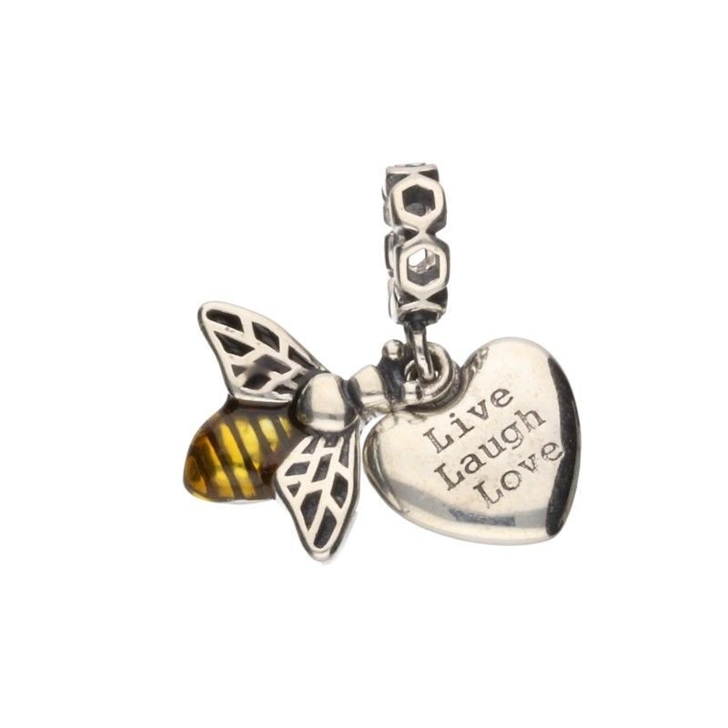 Srebrna zawieszka BEAD 925 pozłacana pszczółka serce napisy Live Love Laugh