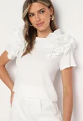 Bluzki damskie - Biały Bawełniany T-shirt Koszulka z Krótkim Rękawem Ozdobiona Aplikacją z Falbankami Aristine - miniaturka - grafika 1