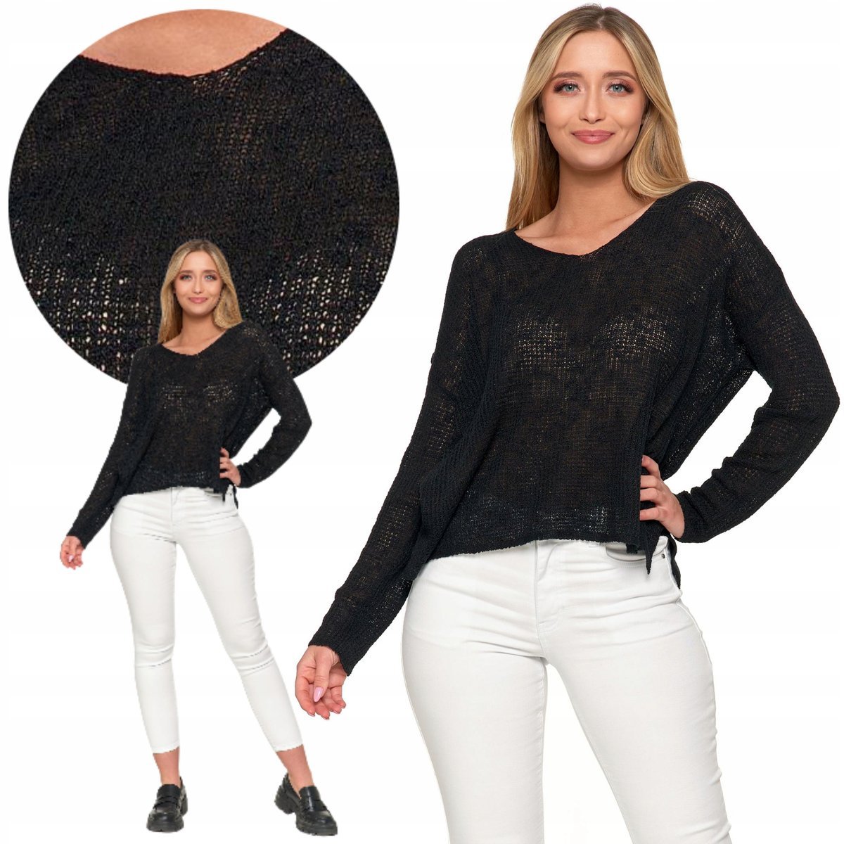 SWETER DAMSKI KLASYCZNY AŻUROWY CIENKI Z DŁUGIM RĘKAWEM KOBIECY MORAJ L BLACK