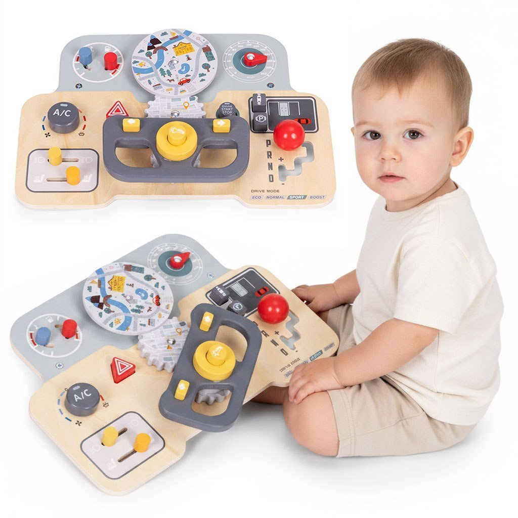 Drewniana tablica manipulacyjna sensoryczna dla dzieci panel edukacyjny auto kierownica 15 elementów ECOTOYS EDUKAMP