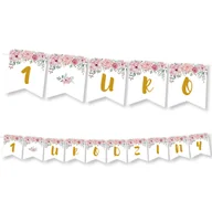 Dekoracje sali - BANER napis 1 Urodziny - Kwiaty Różowe Girlanda - miniaturka - grafika 1