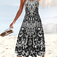 Sukienki - TEMU Damska letnia moda Maxi sukienka - Casual styl plażowy z złożonym nadrukiem Paisley, czarno-biały, idealny na wakacje lub casualowe ubrania, - miniaturka - grafika 1