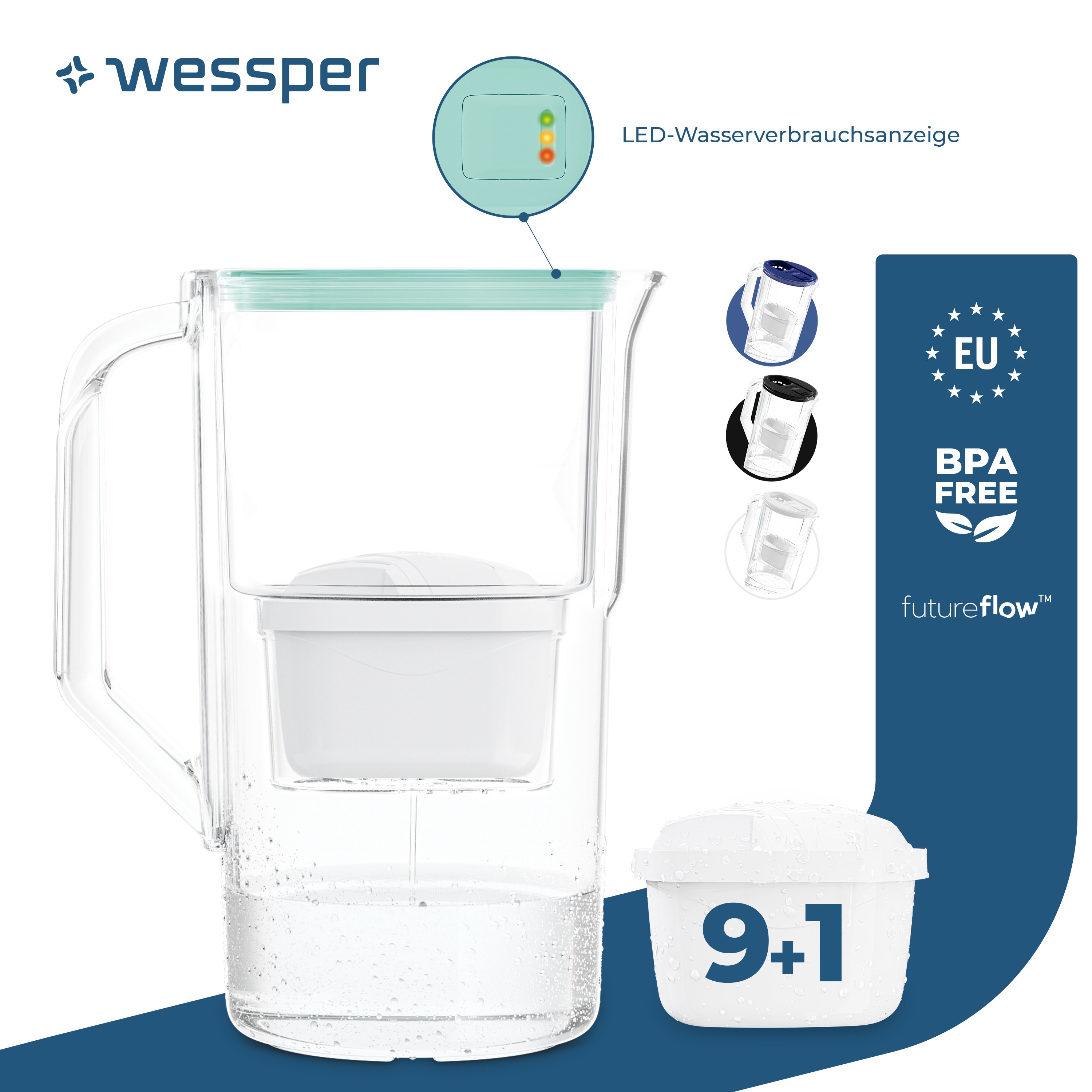 Dzbanek filtrujący Wessper 2,8 l z licznikiem LED Kompatybilny z Brita Maxtra Zestaw 10 dzbanków filtrujących + wkład filtrujący - Miętowy