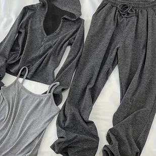 TEMU Kobiecy 3-częściowy zestaw casualowy, wiosenno-jesienny, bluza z kapturem, kamizelka i spodnie z szerokimi nogawkami, 100% dzianina poliestrowa, - Inne - miniaturka - grafika 1