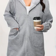 Kurtki damskie - TEMU Damska swobodna kurtka z kapturem i zamkiem błyskawicznym - miękka długa kurtka z przodu z kieszeniami, jednolity , luźny krój na jesień/zimę, - miniaturka - grafika 1