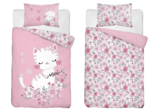 Pościel dziecięca dwustronna Kot w Kwiatach różowa – 90x120 cm – MAYAMOO - Pościel dla dzieci - miniaturka - grafika 1