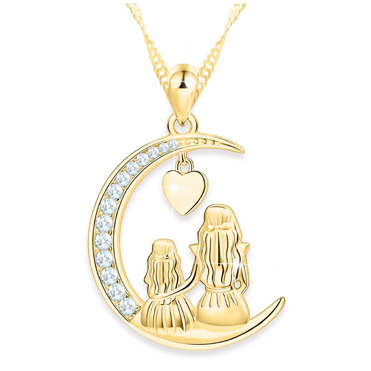 Złoty Naszyjnik Matka z Dzieckiem Serce Półksiężyc Cyrkonie Mama SREBRO 925
