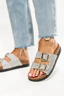 Klapki i japonki damskie - Srebrne klapki damskie na platformie paski z klamrami i cyrkoniami Casu SP32-2 - miniaturka - grafika 1