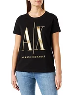 Koszulki i topy damskie - Armani Exchange Koszulka damska z logo Icon, krój regularny, Maxi Gold Embroidered Logo T-Shirt, czarna, ekstra mała, czarny, XS - miniaturka - grafika 1