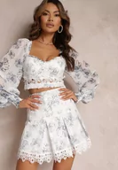 Spódnice - Szara Spódnica Mini w Kwiaty z Wysokim Stanem i Koronką Natisha - miniaturka - grafika 1