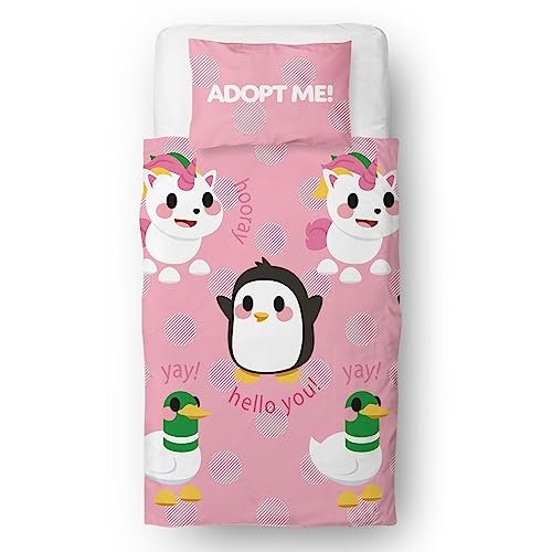 Character World Oficjalny zestaw poszewek na kołdrę Adopt Me wzór uścisków z pingwinem, jednorożcem i kaczką dwustronna 2-stronna pościel z pasującą poszewką na poduszkę, zestaw na pojedyncze