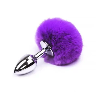 Korki analne - AfterDark Butt Plug with Pompon Silver/Purple Size S - grafika 1