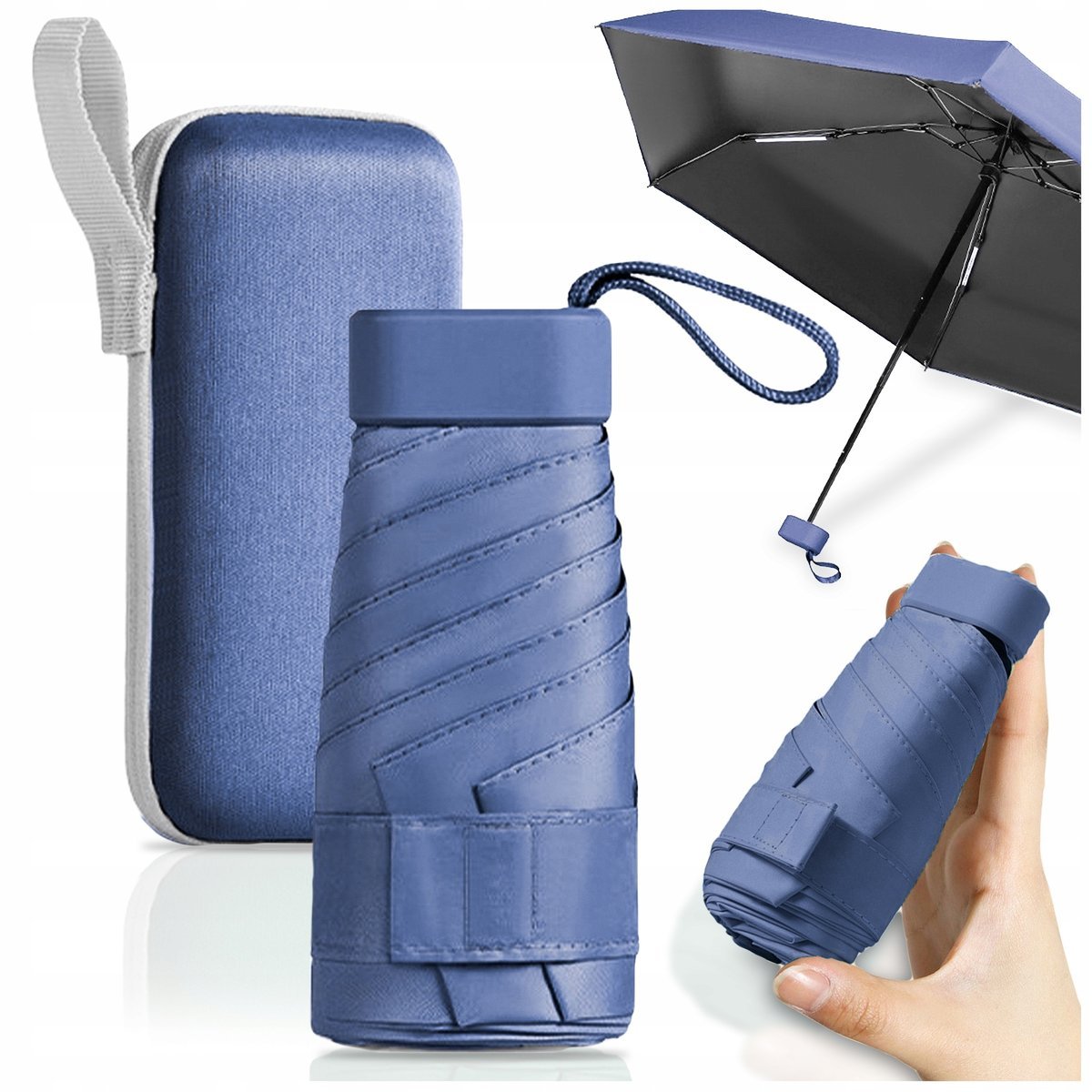 MINI SKŁADANY PARASOL MANUALNY KIESZONKOWY KOMPAKTOWY ETUI NIEBIESKI