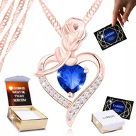 Naszyjniki - Naszyjnik Pozłacany 18K Kwiat Niebieskie Serce z Różą i Cyrkoniami + NADRUK - miniaturka - grafika 1