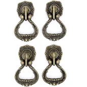 Zawiasy, okucia i inne akcesoria - Zestaw 4 zabytkowych, antycznych mosiężnych uchwytów wiszących z jednym otworem montażowym do szuflady, szafki, komody - miniaturka - grafika 1