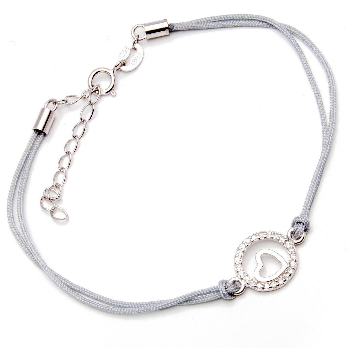 Srebrna bransoletka okrągłe serce szary sznurek