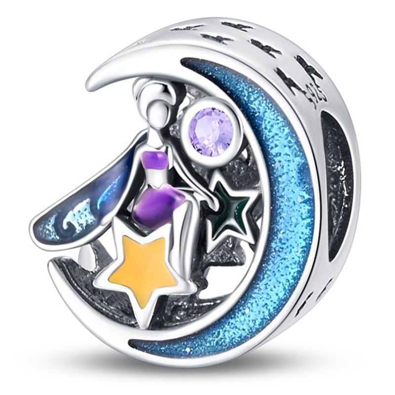 Zawieszka SREBRO 925 Charms koralik Leśna Wróżka Nocą Księżyc Gwiazdy