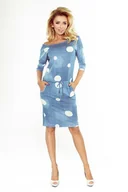 Sukienki - Jeansowa Sukienka Ściągana w Białe Grochy - miniaturka - grafika 1