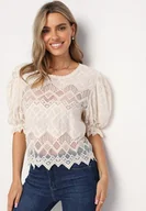 Bluzki damskie - Beżowa Haftowana Bluzka z Krótkim Rękawem Anistyn - miniaturka - grafika 1