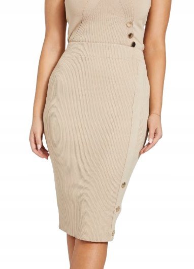 GUESS BEŻOWA OŁÓWKOWA SPÓDNICA Z WYSOKIM STANEM I GUZIKAMI S GMA