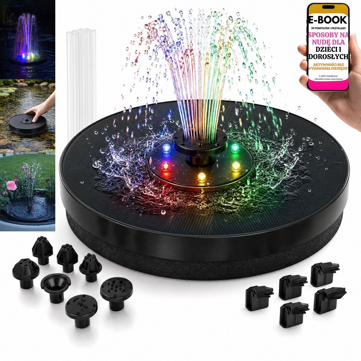Fontanna Solarna do Oczka Wodnego Pompa Pływająca LED RGB 180L/h + E-BOOK-3