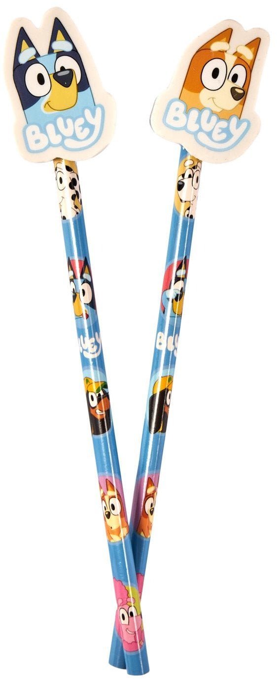 BLUEY 2-pack pencils w/2 eraser toppers - triangular pencils, unsharpened, each with eraser topper, packed on blistercard w/eurohole, CE & 0-3 years pictogram