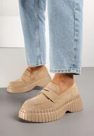 Mokasyny damskie - Ciemnobeżowe Mokasyny na Platformie z Tłoczeniem Ozdobione Paskiem Fonirea - miniaturka - grafika 1